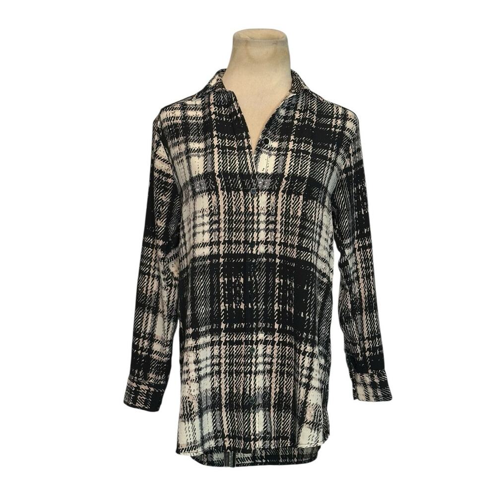Topshop black cream plaid 3/4 sleeves buttoned blouse size 2P